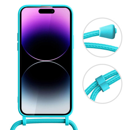 Coque Bandoulière pour iPhone 15 Pro, 14 13 12 avec Cordon - Turquoise