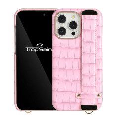 Coque iPhone en cuir rose avec strap