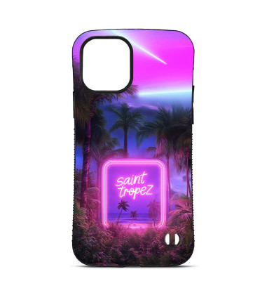 Coque Personalisée pour iPhone 16 15 14 Pro Max Saint Tropez neon palmes plage