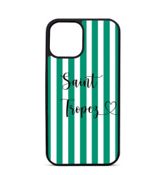 Coque Personalisée pour iPhone 14 15 16 Pro Max rayures vertes I love Saint Tropez