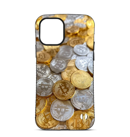 Coque Trop Saint Imprimée pour iPhone 14 15 16 Pro Max Bitcoins Argent et Or