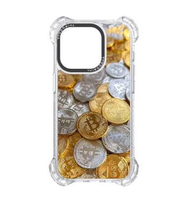 Coque Trop Saint Imprimée pour iPhone 14 15 16 Pro Max Bitcoins Argent et Or