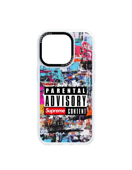Coque Trop Saint Imprimée pour iPhone 14 15 16 Pro Max Parental Advisory Supreme Content