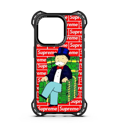 Coque Trop Saint Imprimée pour iPhone 14 15 16 Pro Max Mr Monopoly sur fauteuille d'argent
