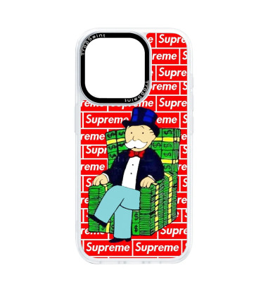Coque Trop Saint Imprimée pour iPhone 14 15 16 Pro Max Mr Monopoly sur fauteuille d'argent