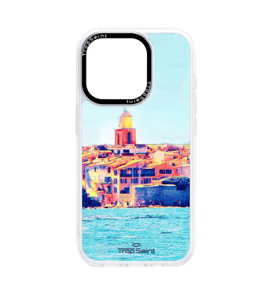 Coque Trop Saint Imprimée pour iPhone 14 15 16 Pro Max Clocher de Saint Tropez Pastel