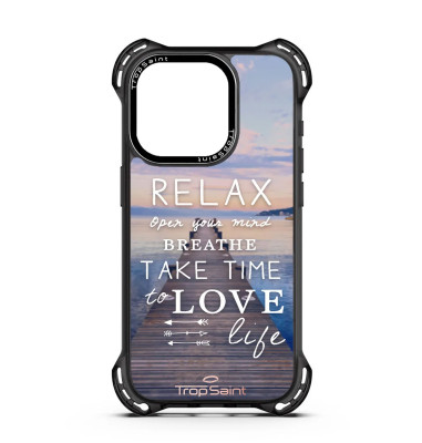 Coque Trop Saint Imprimée pour iPhone 14 15 16 Pro pmax Relax Take Time To Love Life
