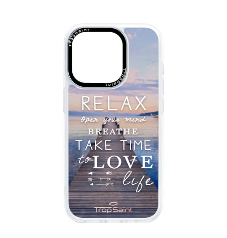 Coque Trop Saint Imprimée pour iPhone 14 15 16 Pro pmax Relax Take Time To Love Life