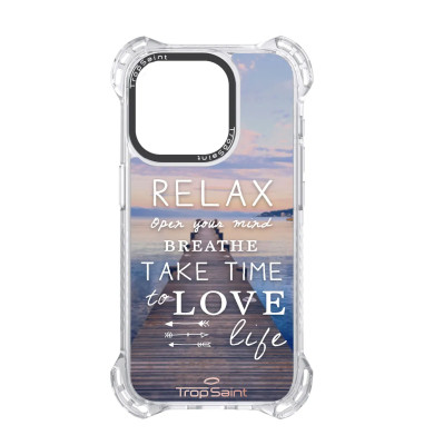 Coque Trop Saint Imprimée pour iPhone 14 15 16 Pro pmax Relax Take Time To Love Life