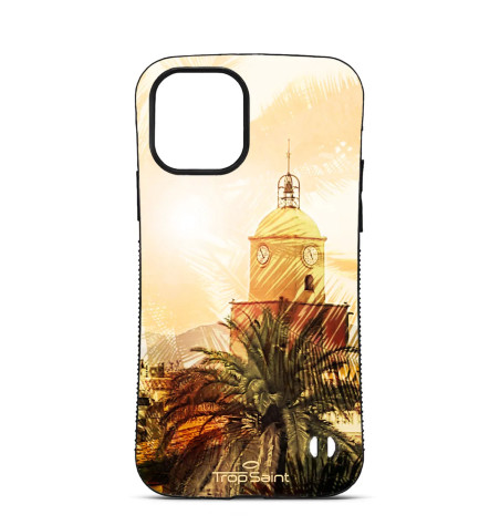 Coque Trop Saint Imprimée pour iPhone 14 15 16 Pro Max Clocher de Saint Tropez ensoleillé