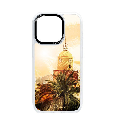Coque Trop Saint Imprimée pour iPhone 14 15 16 Pro Max Clocher de Saint Tropez ensoleillé