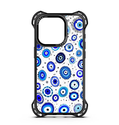 Coque Personnalisée Trop Saint pour iPhone 14 15 16 Pro Max Evil Eye Rond fond blanc