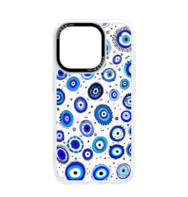 Coque Personnalisée Trop Saint pour iPhone 14 15 16 Pro Max Evil Eye Rond fond blanc