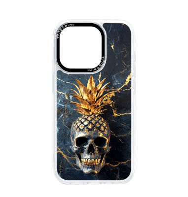 Coque Personnalisée Trop Saint pour iPhone 14 15 16 Pro Max Tête de mort Ananas Marbre Doré
