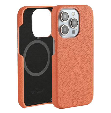 Coque iPhone en cuir grainé orange MagSafe – Style litchi